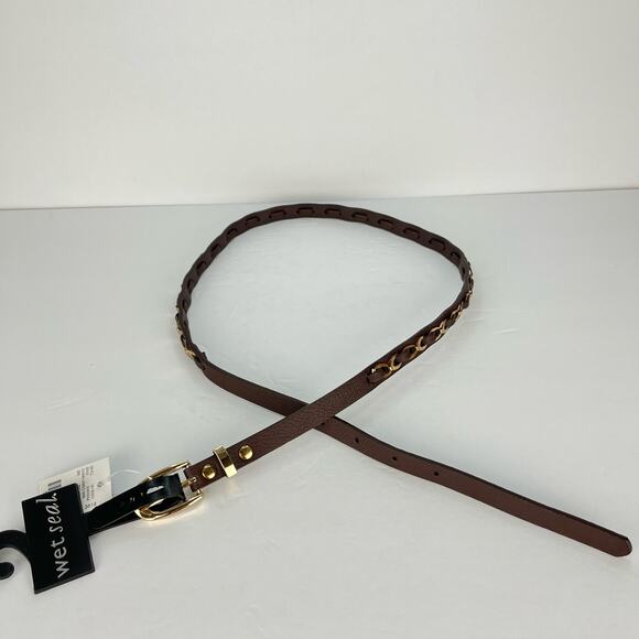 Wet Seal Skinny Brown Faux Leather Belt Gold Chain Detailing Size Small NEW - Picture 8 of 8